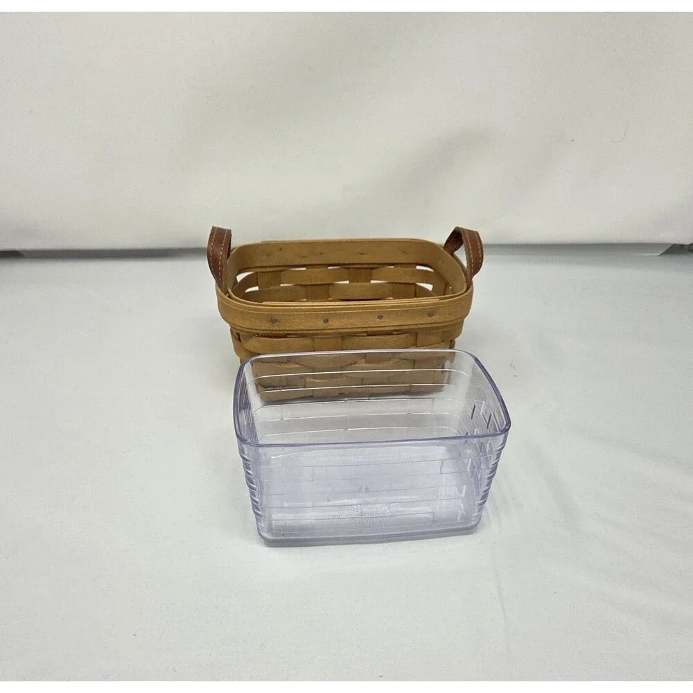 Longaberger 2003 Small Handwoven Basket Leather Handles Plastic‎ Protector EUC